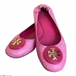 Tory Burch pink reva croc embossed ballet flats